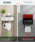 Comparison of toilet paper holder with built-in shelf and wipes dispenser vs standard holder; white and silver finish organizer