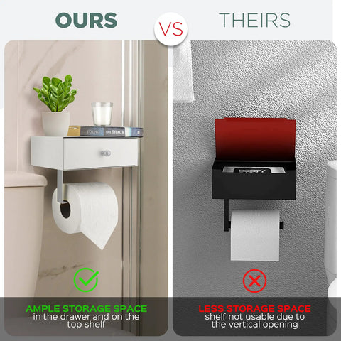 Comparison of toilet paper holder with built-in shelf and wipes dispenser vs standard holder; white and silver finish organizer