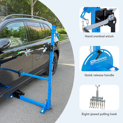 Heavy Duty 3 In 1 Auto Body Dent Repair Kit With 1320 Lbs Pulling Power showing hand crank, release handle, and pulling hook.