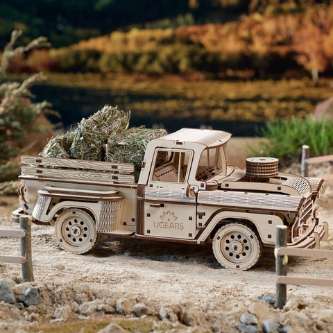 Chevrolet 3100 Inspired Wooden 3D Puzzle Car Kit For Adults With Spring Motor Pickup Lumberjack Model loading hay in side view