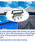 Three Station Edge Roller Bender for Metal Roofing and Sheet Metal, dual bending styles for straight and curved 0 to 90 degree angles