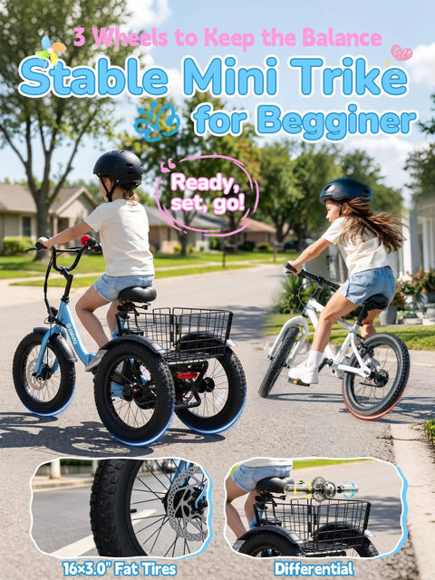 Kid Electric Tricycle With Three Wheels For Stability Fat 16x3 Tires 500W Peak Motor 378Wh Battery Top Speed 12.5 MPH Foldable Frame Beginner Friendly For Kids Ages 6 Plus Blue For Outdoors, blue three-wheel trike with basket
