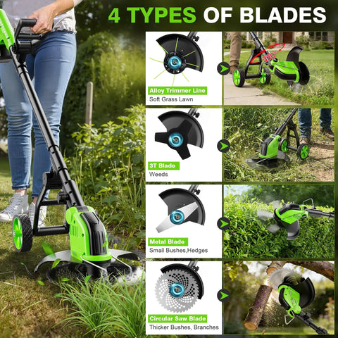 Person using Beast 12 Inch Cordless Weed Wacker With 4 In 1 Cutting Power showing four blade types for various yard tasks