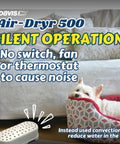Air-Dryr 500 Marine Dehumidifier in a room with a dog sleeping, demonstrating silent operation and slim design.