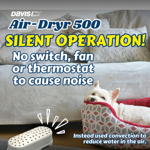 Air-Dryr 500 Marine Dehumidifier in a room with a dog sleeping, demonstrating silent operation and slim design.