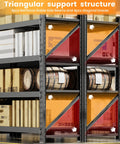 Heavy Duty 4 Tier Garage Shelving Unit, 71 Inch Wide Steel Storage Rack with triangular support structure and barrels