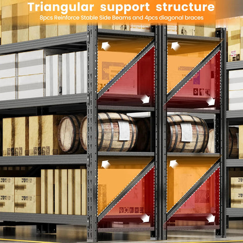 Heavy Duty 4 Tier Garage Shelving Unit, 71 Inch Wide Steel Storage Rack with triangular support structure and barrels
