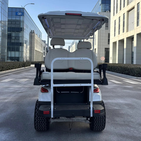 Smooth 48V Lithium Golf Cart Sightseeing Patrol Rig with solid double wishbone suspension, showing back seats and rear view in urban setting.