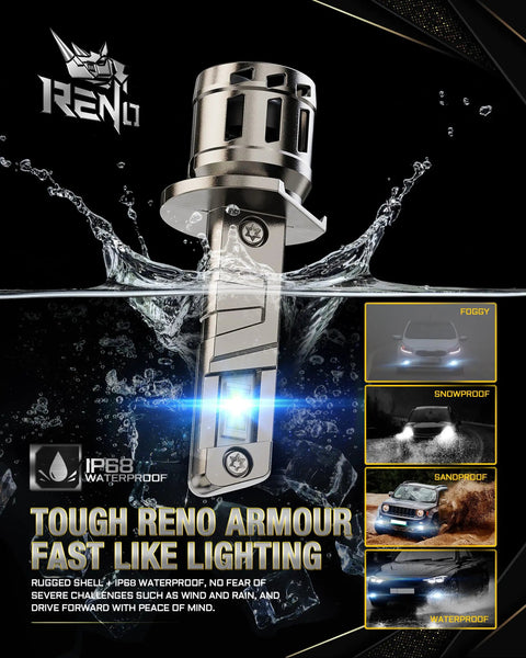 H1 Driving LED Fog Bulbs 6500K Crystal White 42000 Lumens in rugged waterproof design showcasing durability and light performance.