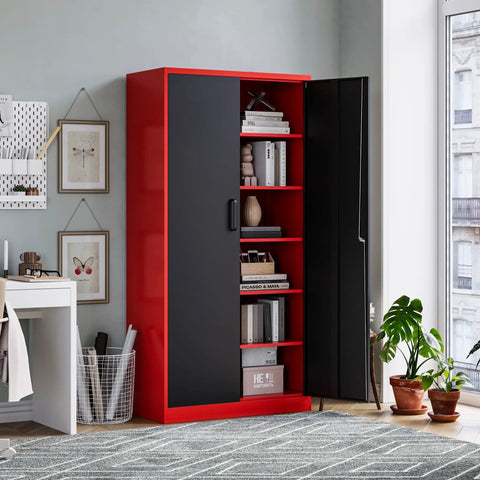 Tall Metal Storage Cabinet With Locking Doors, Heavy-Duty Steel Locker With 5 Adjustable Shelves For Garage, Pantry, Workshop Or Office, 71 Inch High, 32 Inch Wide, 16 Inch Deep, Lockable, Durable, Boss Level Organization in modern office setting.