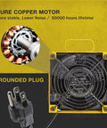 Dual Activated Carbon Filter Solder Fume Extractor With Slick Removable Magnetic Flaps And Steady Airflow motor overview with copper wiring and grounded plug.