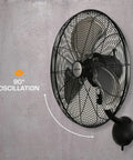 High Velocity Oscillating Metal Wall Mount Fan With 3 Speeds 20 Inch Black Corded Electric Air Cooler installed on wall
