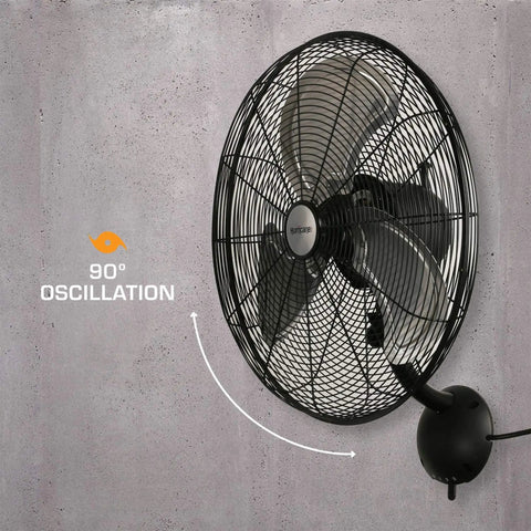 High Velocity Oscillating Metal Wall Mount Fan With 3 Speeds 20 Inch Black Corded Electric Air Cooler installed on wall