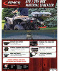 ATV UTV Dry Material Spreader 2.2 Cu Ft With 2 Inch Receiver Mount And Rain Cover 12V Motor shown attached to ATV on grass
