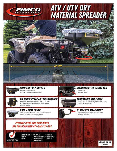ATV UTV Dry Material Spreader 2.2 Cu Ft With 2 Inch Receiver Mount And Rain Cover 12V Motor shown attached to ATV on grass