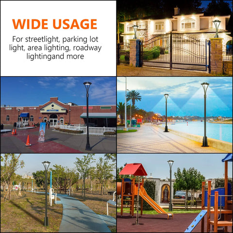 Wide usage collage of Super Bright 150W LED Post Top Light With 21000 Lumens, illuminating diverse outdoor settings.