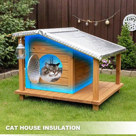 Cat house with reflective roof using Bubble Reflective Window Insulation Roll For Winter Heat Retention in wooden enclosure.