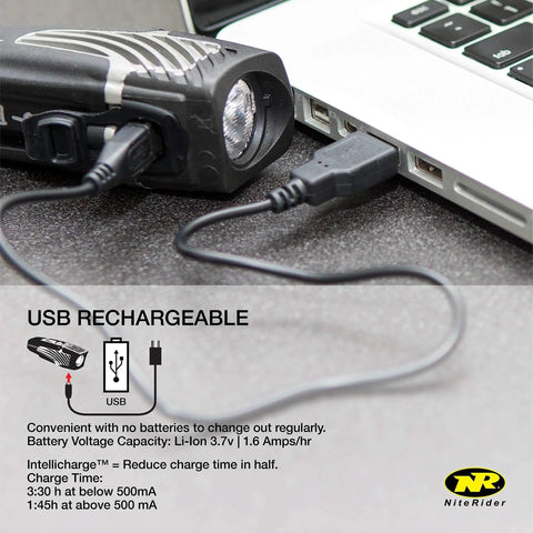 Lumina Micro 850 Front Bike Light USB Rechargeable LED Water Resistant flashlight connected to laptop for charging