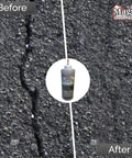 Before and after image showing cracks filled with Built Like A Tank Asphalt Crack Sealer And Driveway Repair Fill In Jet Black 2.5 Pound.
