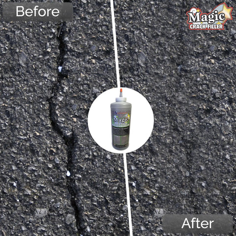 Before and after image showing cracks filled with Built Like A Tank Asphalt Crack Sealer And Driveway Repair Fill In Jet Black 2.5 Pound.