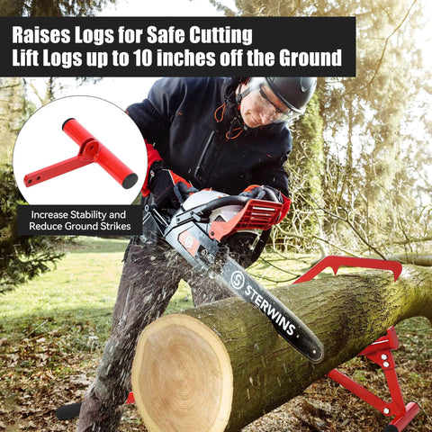 51 Inch Timberjack Adjustable Log Lifter And Heavy Duty Steel Log Roller Cant Hook Tool With 11 Inch Non Slip Grip Handle, red. Chainsaw cutting log supported on log lifter.