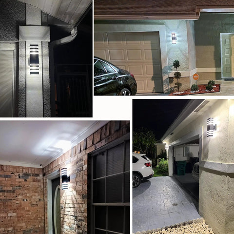 Two Pack LED Square Up And Down Outdoor Wall Lights with Durable Aluminum Body installed on various house exteriors at night
