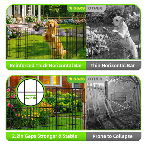 Comparison of No Dig 10 Panel Decorative Garden Fence With Gate For Yard Patio And Flower Beds Rustproof Wrought Iron Dog Fence Outdoor Barrier showing reinforced bars and stability vs competitors.