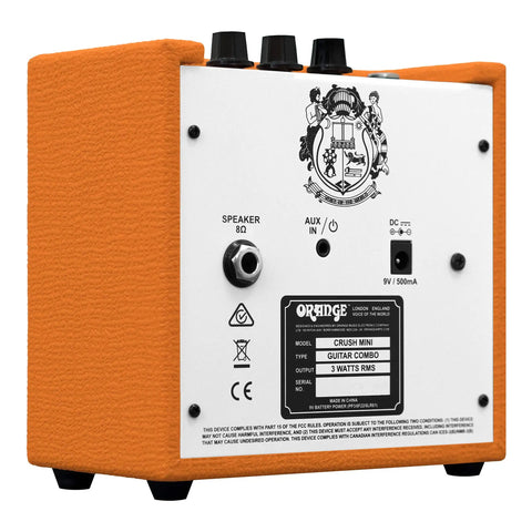 Back view of Crush Mini 3 Watt Guitar Amp Combo with volume shape and gain controls, featuring speaker and AUX inputs.