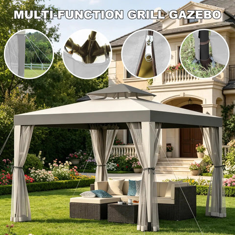 Spacious 10 By 10 Patio Gazebo With Mosquito Netting And Double Roofs Perfect For Backyard Parties And Weekend Hangouts Easy Setup