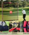 Backyard Golf Practice Net with Ball Return next to golfer, includes carabiners, bungee cords, and storage carrying case.