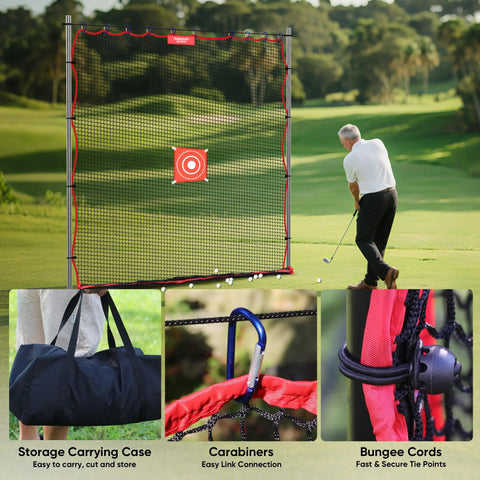 Backyard Golf Practice Net with Ball Return next to golfer, includes carabiners, bungee cords, and storage carrying case.