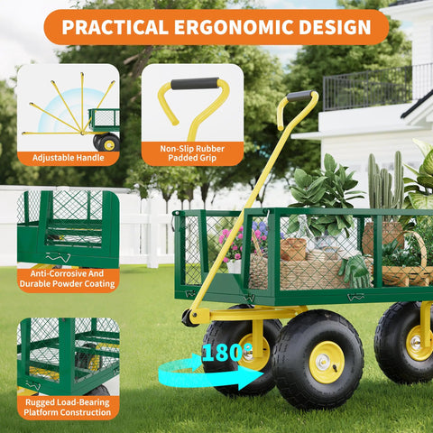 Heavy Duty Steel Garden Wagon Cart With 1400 Pound Capacity Three In One Convertible Utility Cart With 13 Inch Wheels And 180 Degree Handle Collapsible Outdoor Yard Trailer In Green And Yellow The Ultimate Workhorse showcasing ergonomic design, adjustable handle, and padded grip