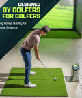 Golfer practicing on Golf Hitting Mat 5x4 Ft With Premium 15 Mm Artificial Turf For Indoor And Outdoor Swing Practice