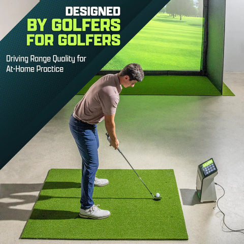 Golfer practicing on Golf Hitting Mat 5x4 Ft With Premium 15 Mm Artificial Turf For Indoor And Outdoor Swing Practice