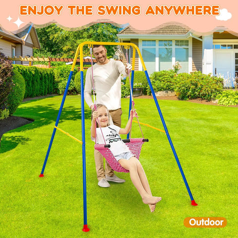 Child on Beefy Heavy Duty Foldable A Frame Swing Stand for backyard, blue finish, metal hammock chair stand frame, outdoor use