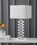 28 Inch Clear Geometric Stacked Crystal Table Lamp With White Linen Shade Modern Glam Bedside Light For Living Room Or Bedroom LED Bulb Included ETL Listed