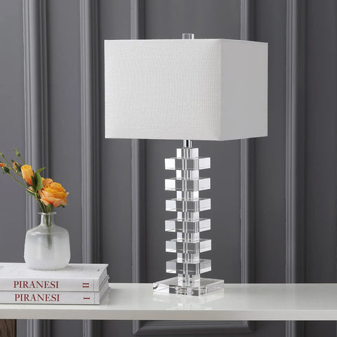 28 Inch Clear Geometric Stacked Crystal Table Lamp With White Linen Shade Modern Glam Bedside Light For Living Room Or Bedroom LED Bulb Included ETL Listed