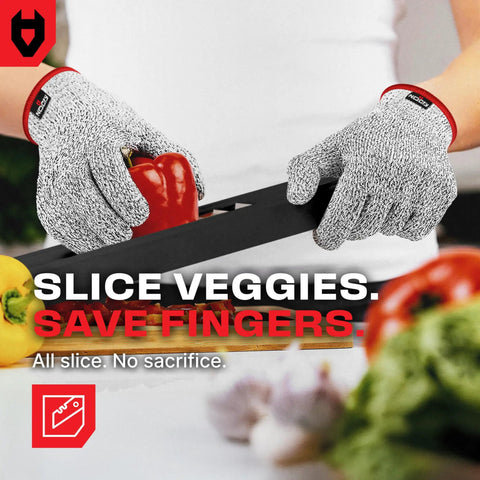 Premium Cut Resistant Kitchen Gloves Level 5 Food Grade For Chefs And Butchers protecting hands while slicing vegetables