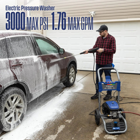Man using Electric Pressure Washer With 3000 Max PSI And 1.76 Max GPM Induction Motor Onboard Soap Tank to wash car