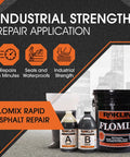 FloMix Rapid Asphalt Repair Kit with black 5-gallon bucket and components for sealing driveways and floors, industrial strength shown.