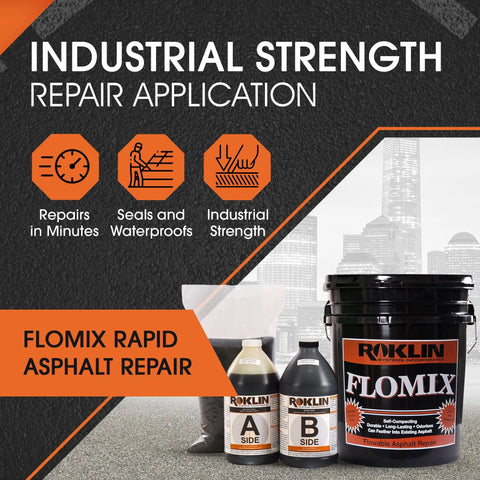 FloMix Rapid Asphalt Repair Kit with black 5-gallon bucket and components for sealing driveways and floors, industrial strength shown.