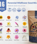 All Season Perennial Wildflower Seeds Mix For Indoor And Outdoor Planting With 16 Varieties And 100000 Seeds Non GMO Heirloom Garden Seeds 4oz Pack To Attract Bees Butterflies And Birds And Keep Your Yard Buzzing package with flower illustrations and features.