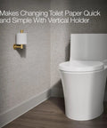 Vertical Wall Mounted Euro Toilet Paper Holder, Solid Brass Build, No-Fuss, Corrosion-Resistant Finish, next to white toilet
