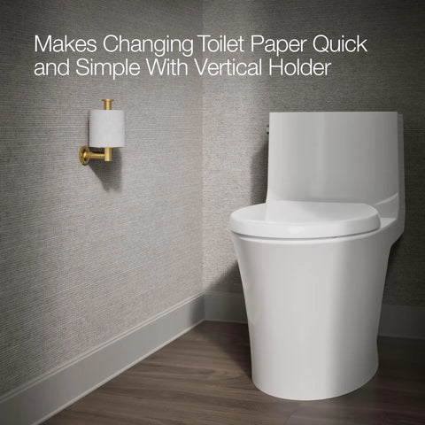 Vertical Wall Mounted Euro Toilet Paper Holder, Solid Brass Build, No-Fuss, Corrosion-Resistant Finish, next to white toilet