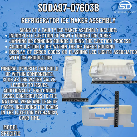 Freezer Drawer Ice Maker Assembly Replacement For DA97-07603B shown with flex tray and pin connector, model-specific fit.