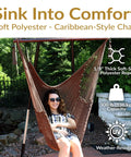 Woman sitting in Outdoor Hammock Chair Swing for Reading and Chilling, Indoor or Patio Hanging Seat, Caribbean XL Mocha, 300 Lb Capacity.