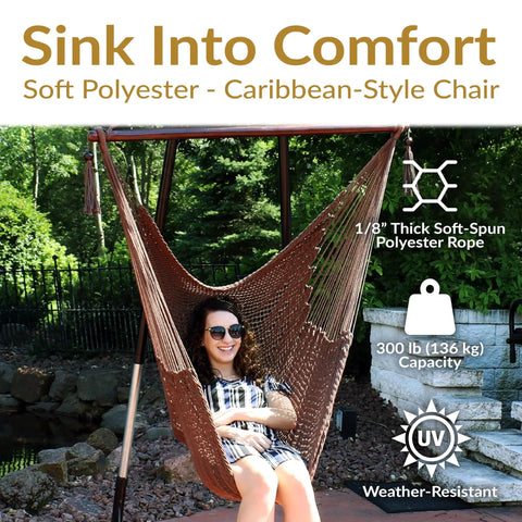 Woman sitting in Outdoor Hammock Chair Swing for Reading and Chilling, Indoor or Patio Hanging Seat, Caribbean XL Mocha, 300 Lb Capacity.