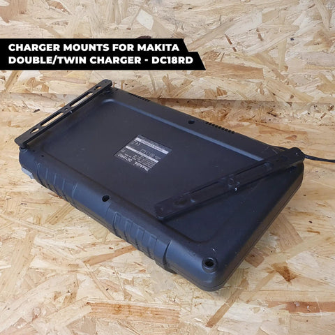 Dual Charger Wall Mount For Makita DC18RC Double Chargers 2 Pack Heavy Duty Charger Holder Bracket UK Made on wood surface