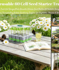 5 Pack Reusable 60 Cell Seed Starter Trays With Humidity Dome on wooden table with flowers and gardening tools