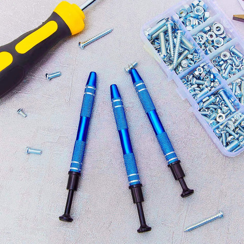 Three Piece Pro Grade Jewelry Ball Grabber Tool Set with four prong precision pickup next to screws and nuts